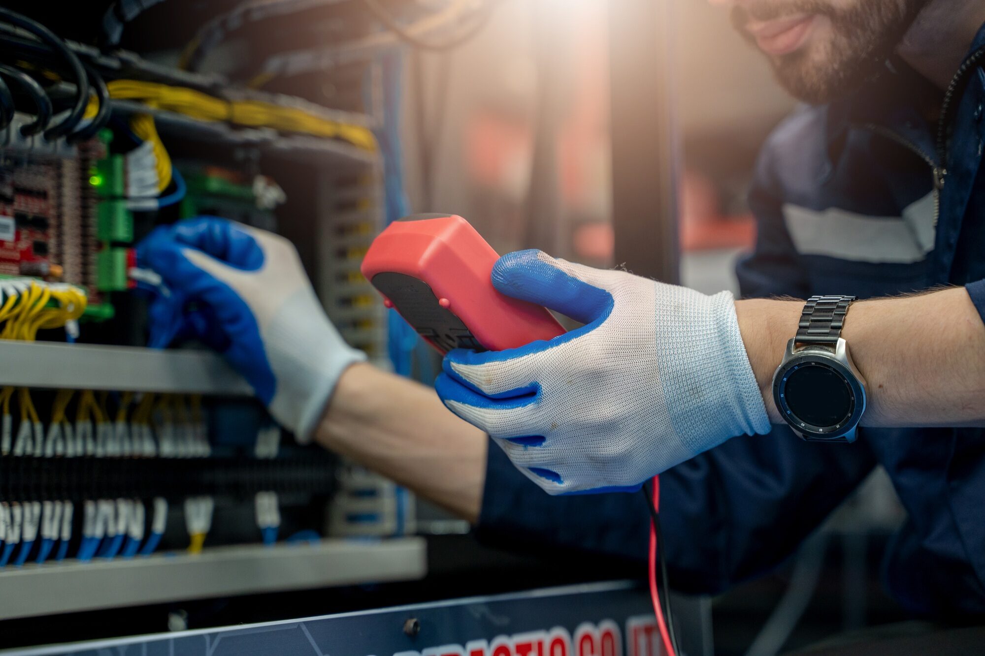 Electrician engineer work tester measuring voltage and current.